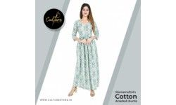 Green Floral Print Cotton Anarkali Kurta - Buy Designer Ethnic Wear Online at Best Price